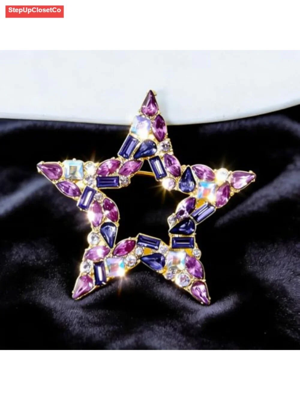 Sparkly Purple Hollow Crystal Star Brooch, Rhinestone Lapel Pin for Women,